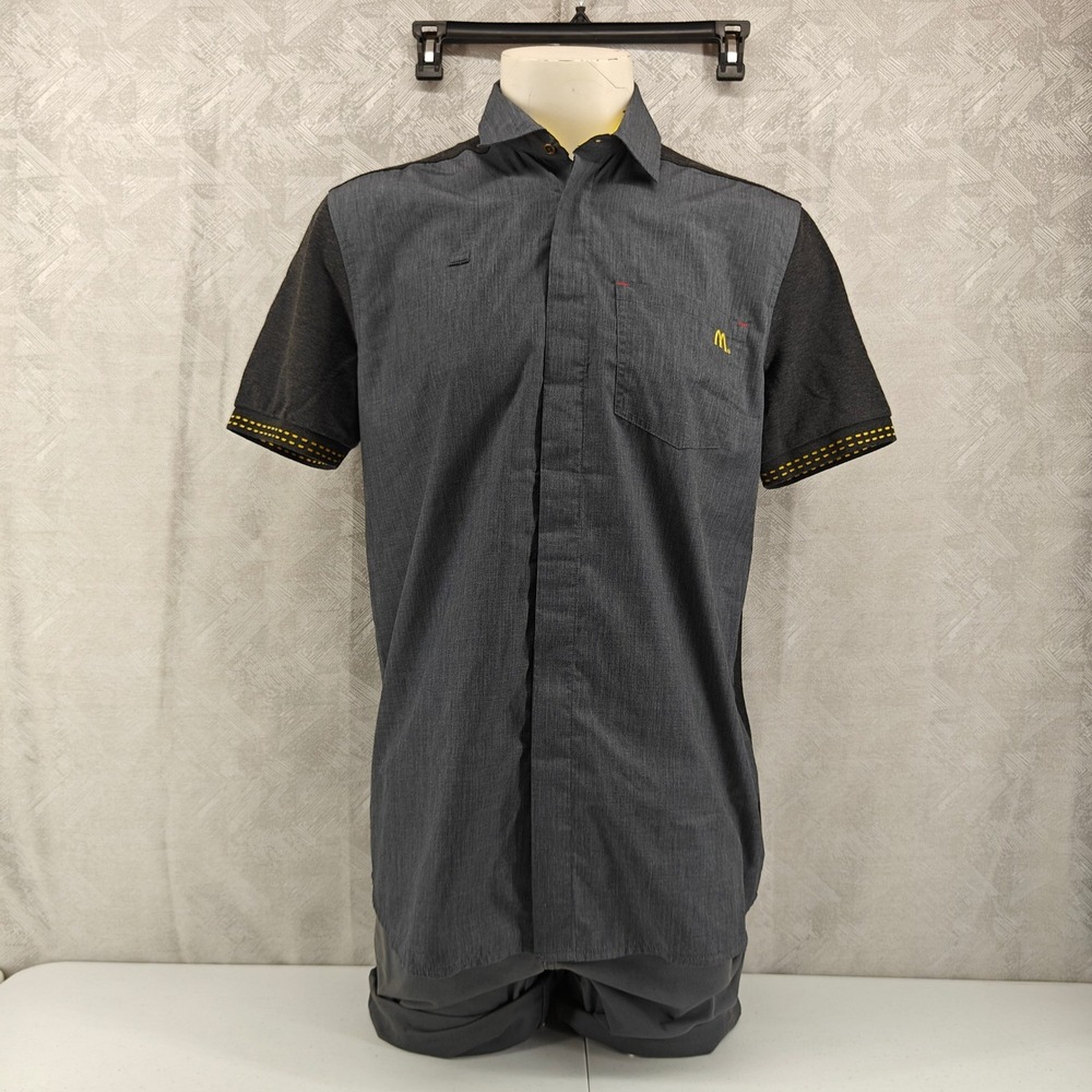 McDonalds Shirt Mens Medium Gray Short Sleeve Button Up Work Employee Uniform